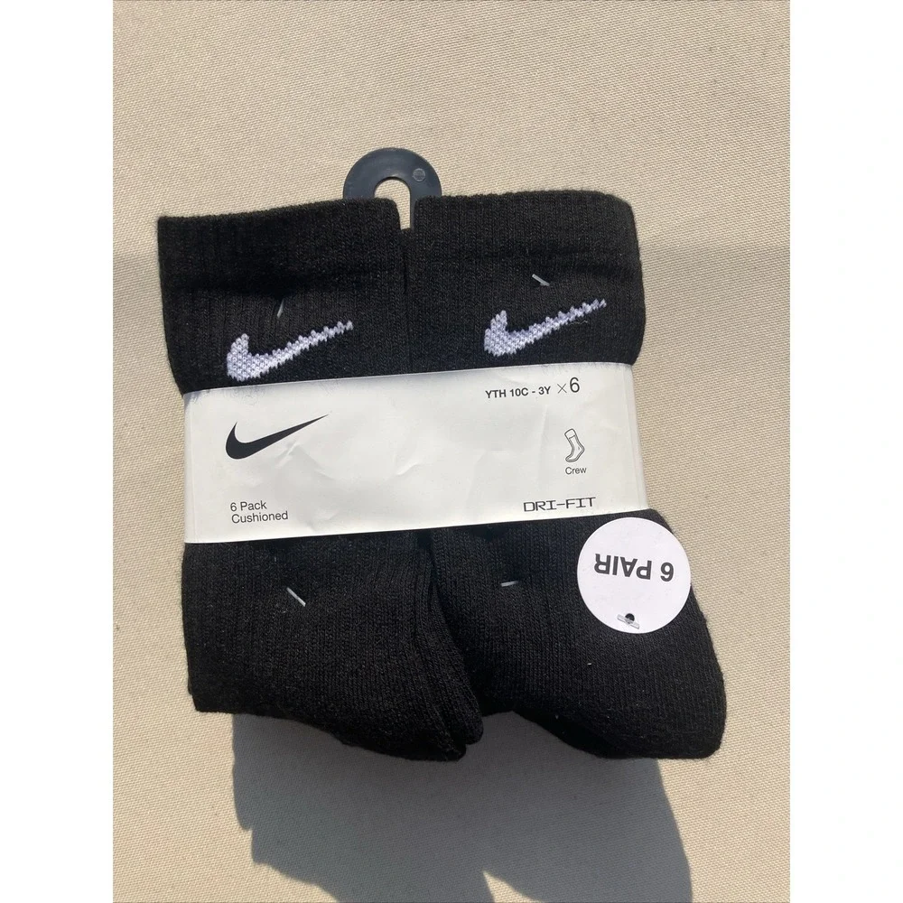 NEW 6 PAIRS NIKE YOUTH CUSHIONED CREW SOCKS SIZE‎ 10C-3Y BLACK